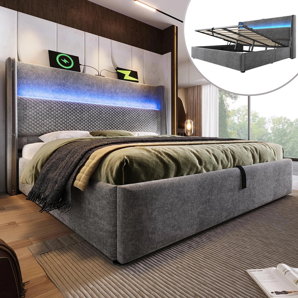 Letto 140x200cm?- Xylo - idraulico LED USB lino grigio