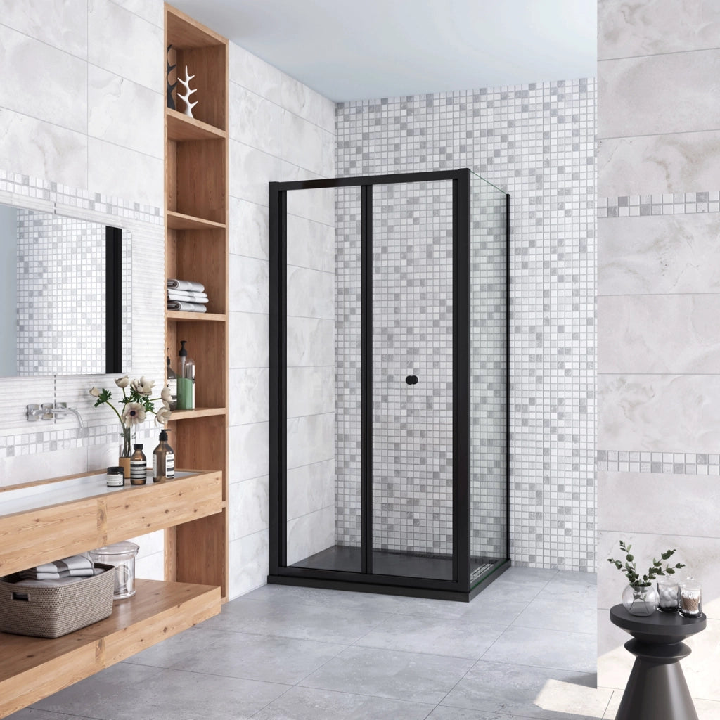 185cm Box Doccia Angolare Porta a Soffietto con Parete Fissa 80x70cm in Vetro Temperato Trasparente 5 mm Profilo Nero Opaco