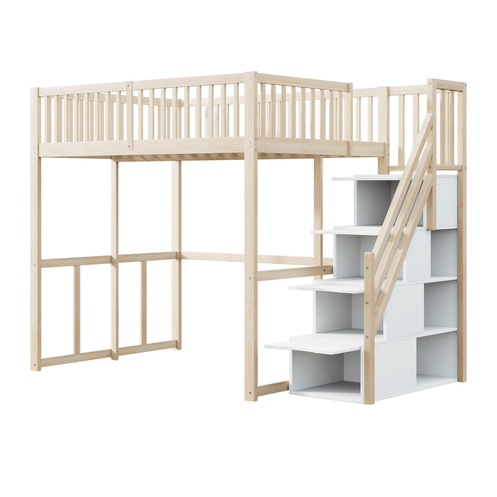 Letto a soppalco in pino massello con scala contenitore di sicurezza e recinzione; colore legno; 140x200 cm; senza materasso
