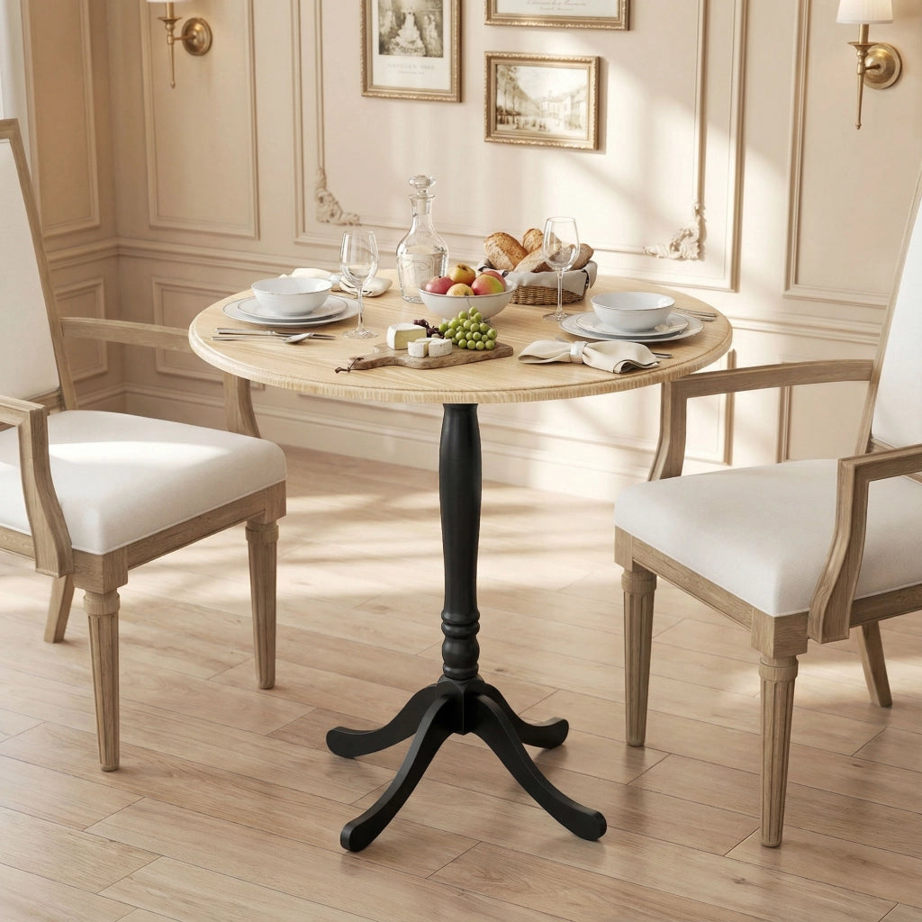 Tavolo da pranzo rotondo 4 persone ? 80 cm ¨C Xylo ¨C legno naturale e nero, gambe in acciaio