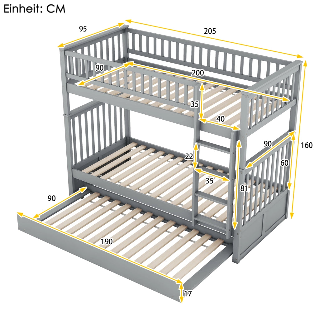 Letto a castello per bambini 90x200 cm - Zephmum - Grigio, 3 posti, letto estraibile, scala stabile