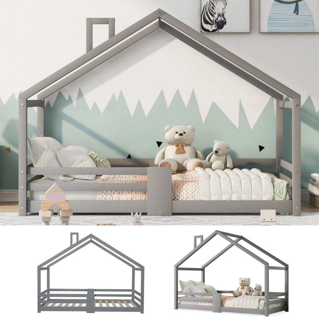 Letto a casetta per bambini con camino, protezione anticaduta, robusta base a doghe, legno di pino, letto a casetta per bambini, 90 x 200 cm senza mat