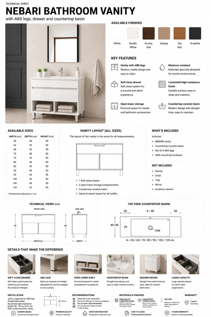 Mobile bagno con piedini con lavabo extrapiano ORIGENBATH NEBARI senza specchio 90x45 cm bianco nordico