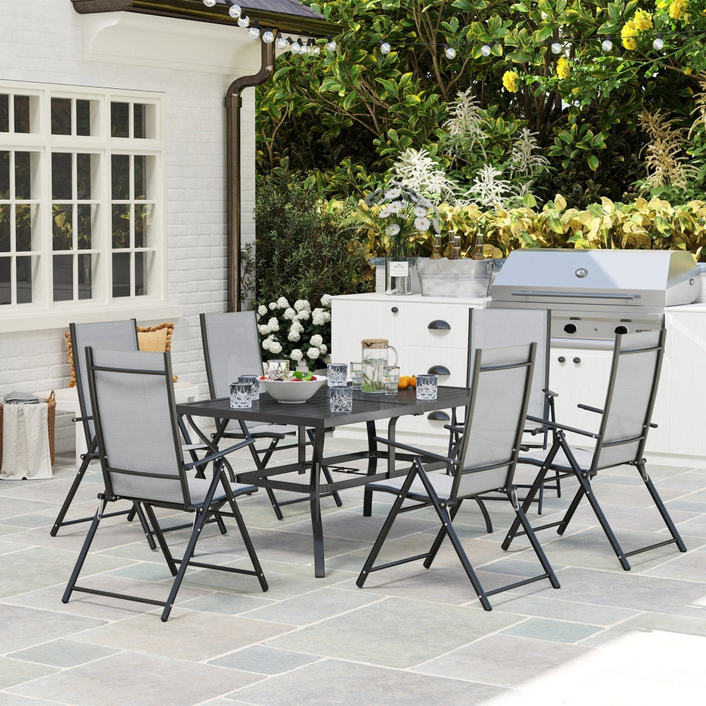 Set Salotto da Giardino 7 Pezzi con Tavolo da Pranzo con Foro per Ombrellone e 6 Sedie Pieghevoli Grigio