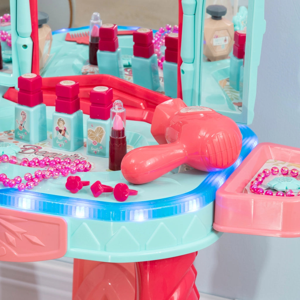 Toeletta Bambini con Sgabello Specchio LED ¨C Xylo ¨C Rosa Multicolore 57x34x76