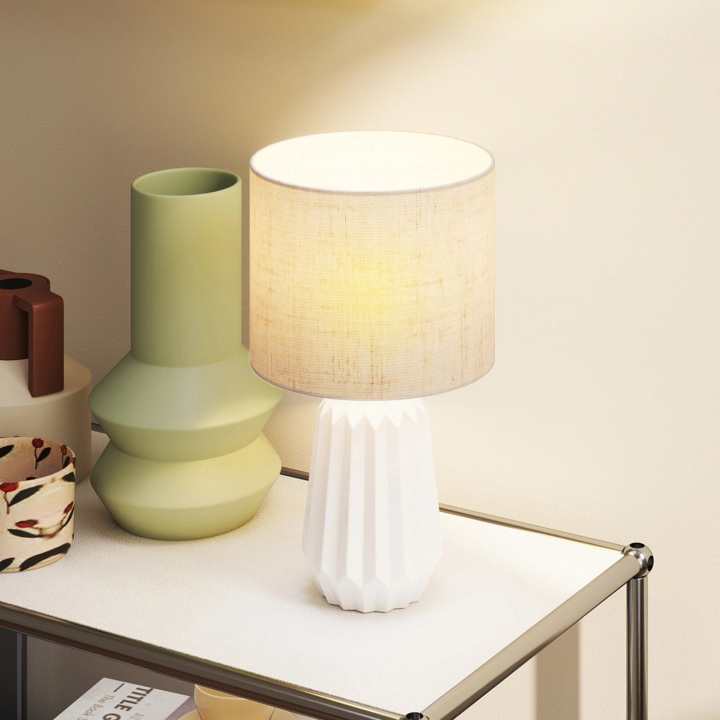 Lampada da Tavolo Retro in Ceramica e Lino ¨C zephmum ¨C 40W Bianco e Beige