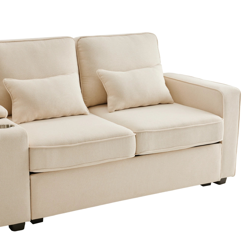 Divano 4 posti 290x83x88 cm con porta USB; 2 portabicchieri e tasche laterali in tessuto lino beige