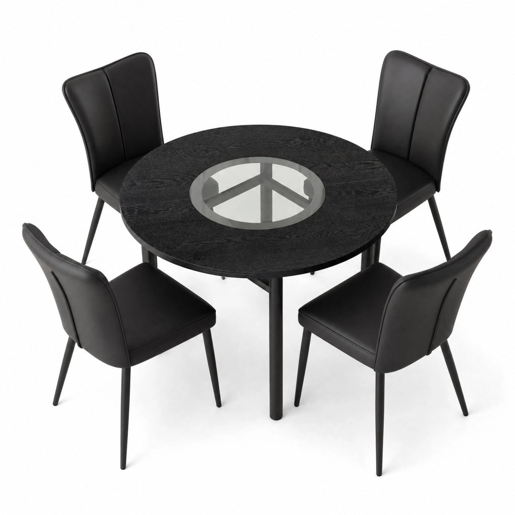 Set tavolo da pranzo e sedie con 1 tavolo rotondo e 4 sedie; ripiano in vetro; in MDF; vetro; metallo e PU nero
