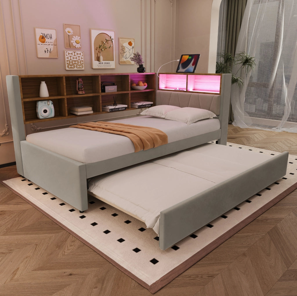 Divano letto 90x200 cm con letto estraibile 90x190; LED; USB e Type-C; vani contenitore; grigio chiaro