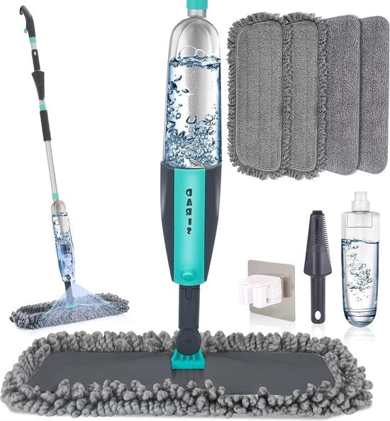 Spazzola a 360 Gradi con Spray Microfibra per Pulizia del Pavimento Bagnato e asciutto, per uso in Casa e in Cucina, Pavimenti in Legno, con Fusto di 360 ML rabboccabile, 4 Pannelli Microfibra riutilizzabili, 1 Scopa e 1 Spazzola.
