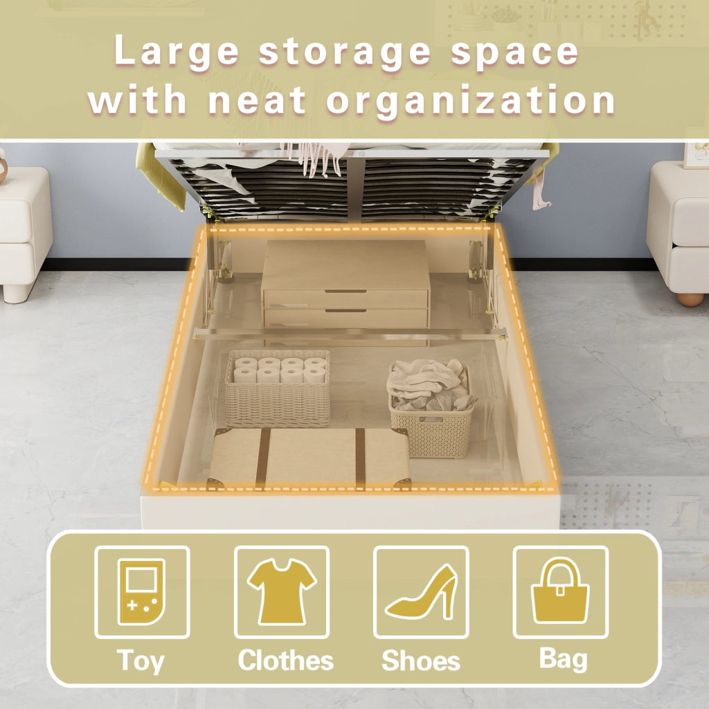 DESMIU Letto bambino 90 × 200 cm 1 posto con contenitore pneumatico e testiera fantasia, senza materasso, in tessuto e metallo beige