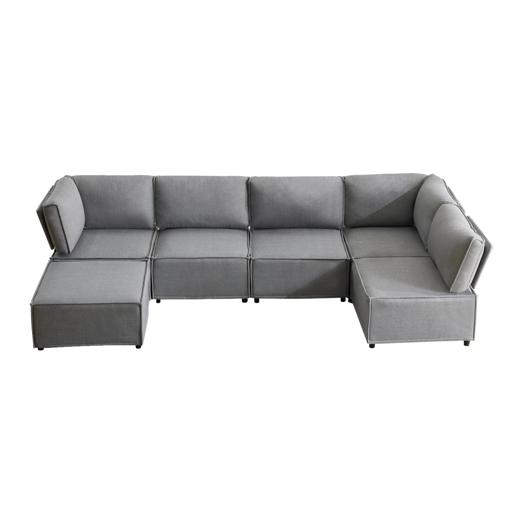 Divano Modulare 5 Posti con Legno ¨C MINIMAL ¨C Tessuto Grigio Chiaro