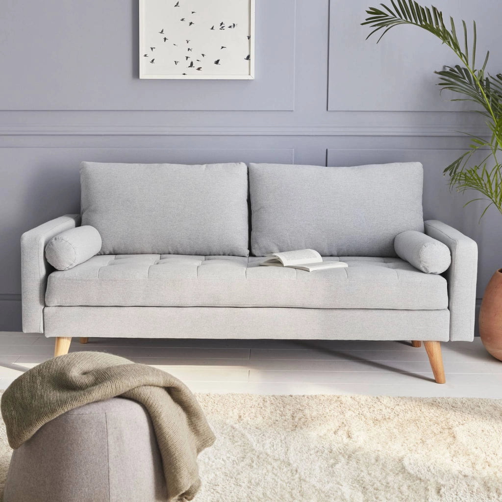 Divano in stile scandinavo in tessuto semplice, 3 posti, grigio chiaro