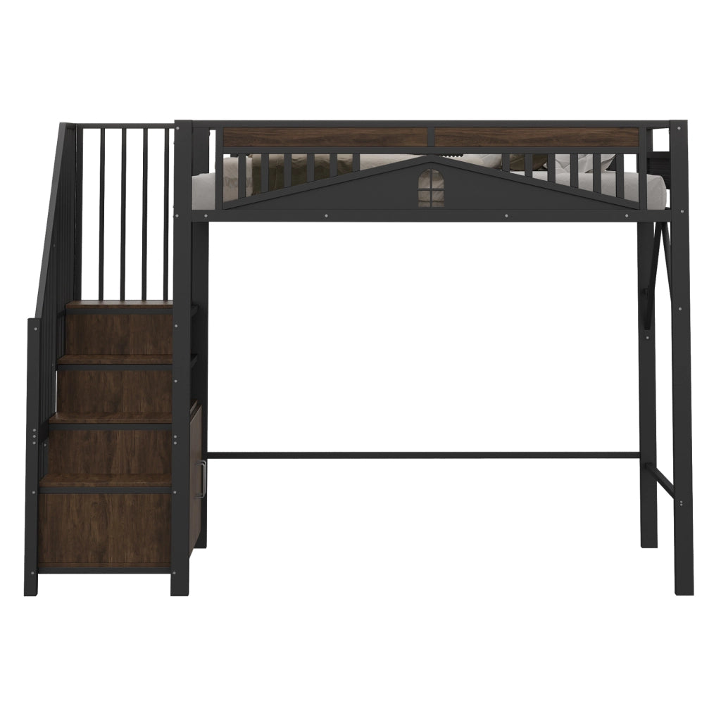 Letto a soppalco in metallo 90 x 200 cm con scala e spazio contenitivo