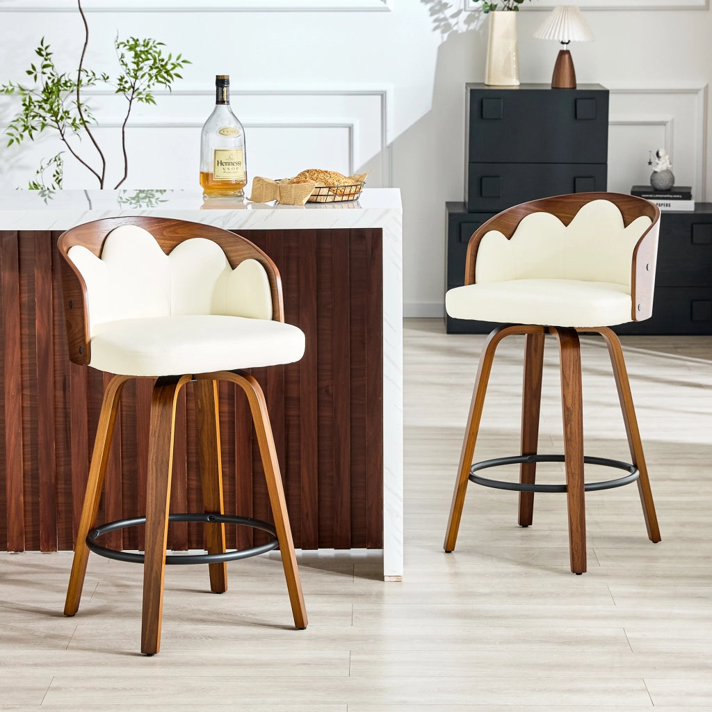 2 sgabelli da bar con schienale floreale, Bugholz, PU, poggiapiedi in metallo, design moderno