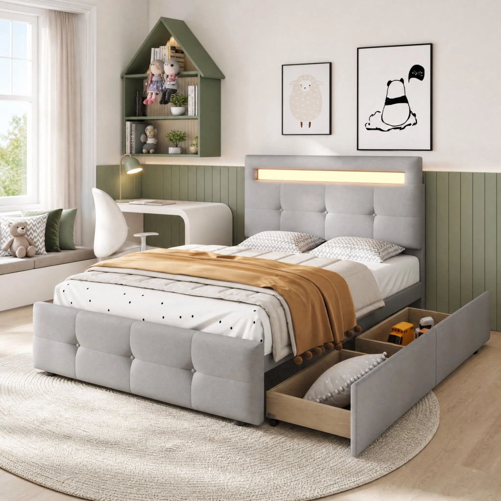 LETTO 90x200 cm con LED e 2 cassetti in tessuto grigio