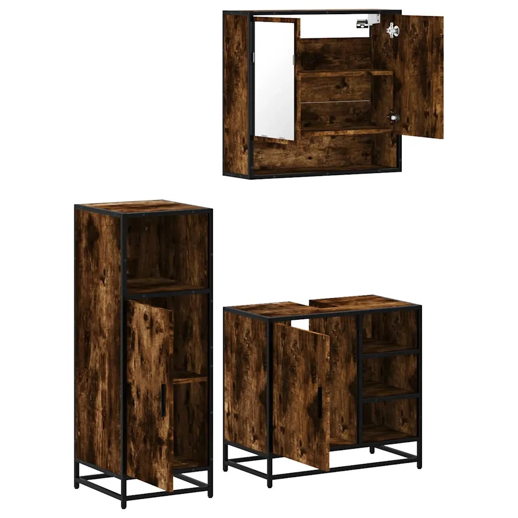 Set Mobili da Bagno 3 pz Rovere Fumo in Legno Multistrato 3300997