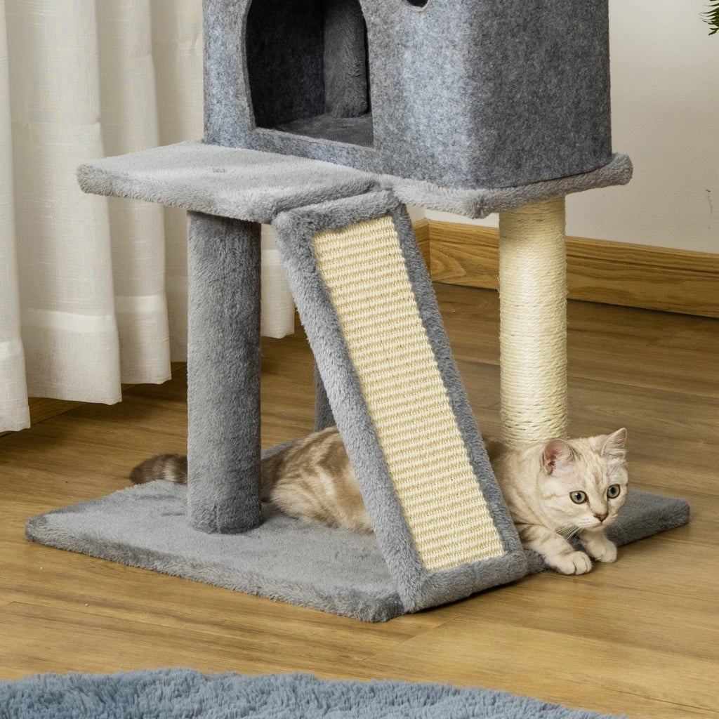 Albero Tiragraffi Multilivello con Casetta 48x48x125 cm Rivestimento in Peluche e Sisal Grigio