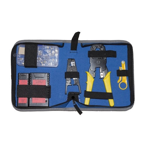 Kit attrezzi link per reti con tester, pinza spelafili, 4, 6, 8 poli e attrezzo per inserire cavo nel jack keystone di rete - LKMS09