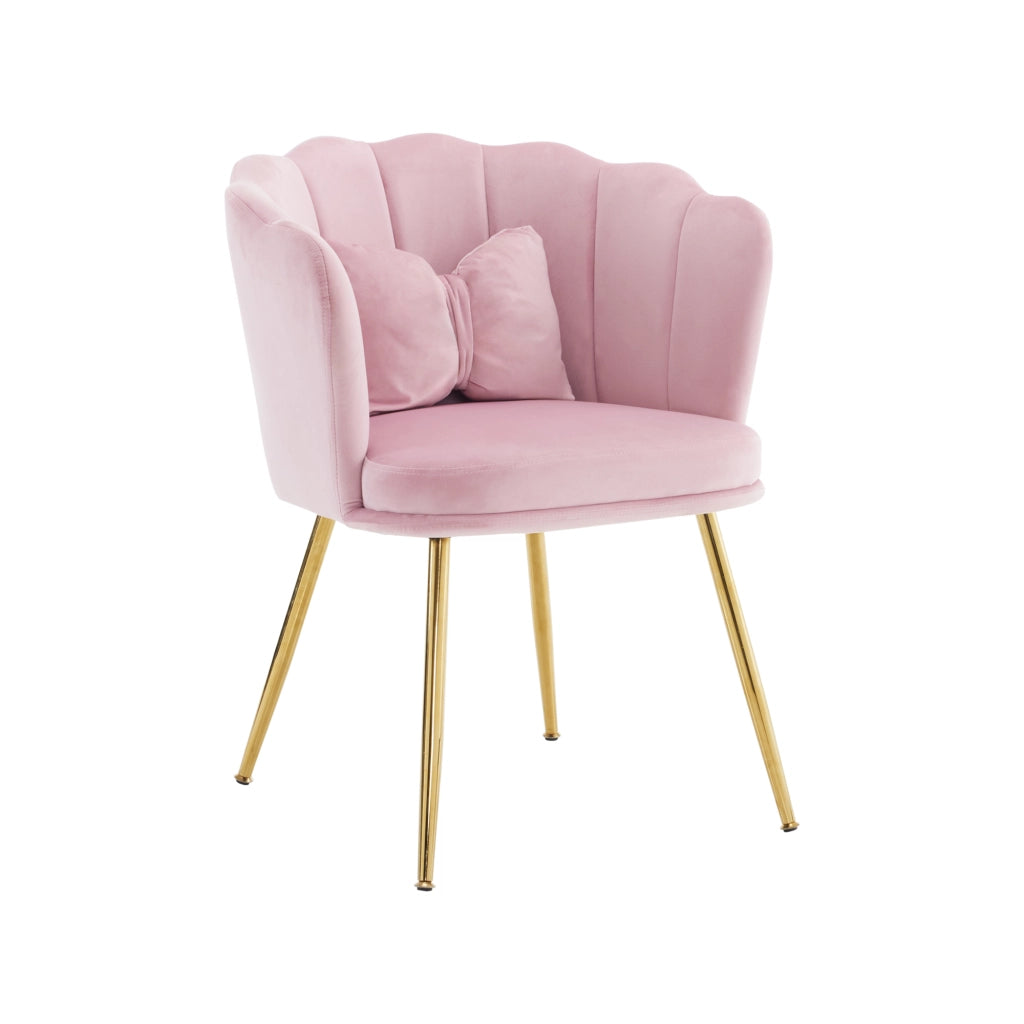 Poltrona da salotto in velluto rosa con schienale a petalo, cuscino schmetterling e gambe in metallo dorato