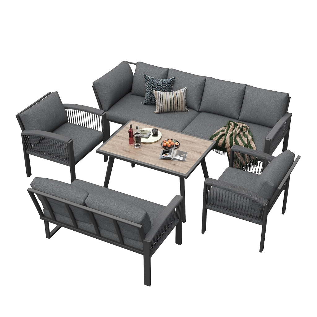 OKWISH Set da 6 Pezzi da Giardino con 1 Divano Grande, 2 Divani Piccoli, 2 Poltrone e 1 Tavolo, Metallo Legno Grigio