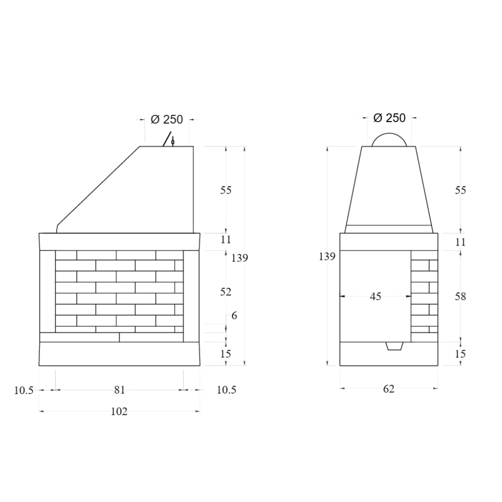 Camino a legna prefabbricato focolare refrattario semiaperto a sinistra qr100fsx