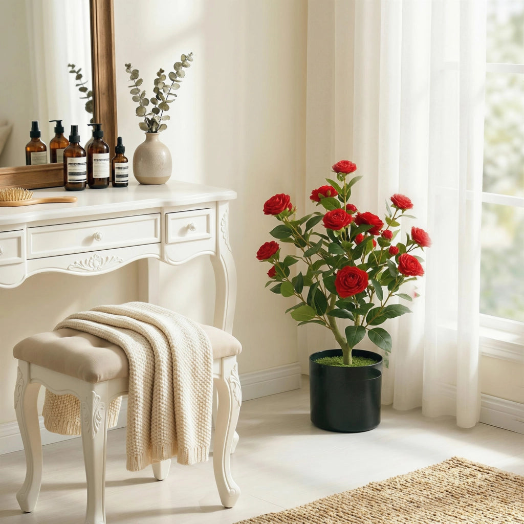 Planta Artificiale Camelia in Vaso con Fiori ¨C Minimal ¨C 65 cm, Effetto Muschio Rosso