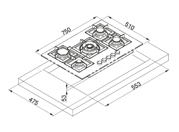 Piano cottura a gas da Incasso Plano 75 ELLECI PGSP75140CS 5 fuochi, 750x510 Granitek Nero 40