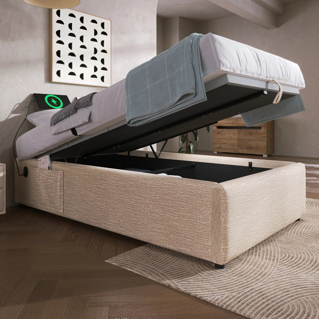 OKWISH Letto contenitore 90×200 cm, Letto Singolo con USB, Type C e Tasca Laterale, senza Materasso, in Lino, Beige Naturale