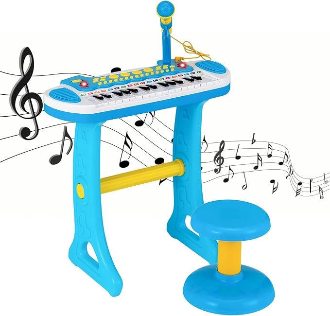 Pianoforte Digitale per Bambini 31 Tasti, Tastiera Elettronica Portatile, con Microfono e Luci, Funzionamento Registrazione e Playback, 3+ Anni, 45x23x45 cm (Blu)
