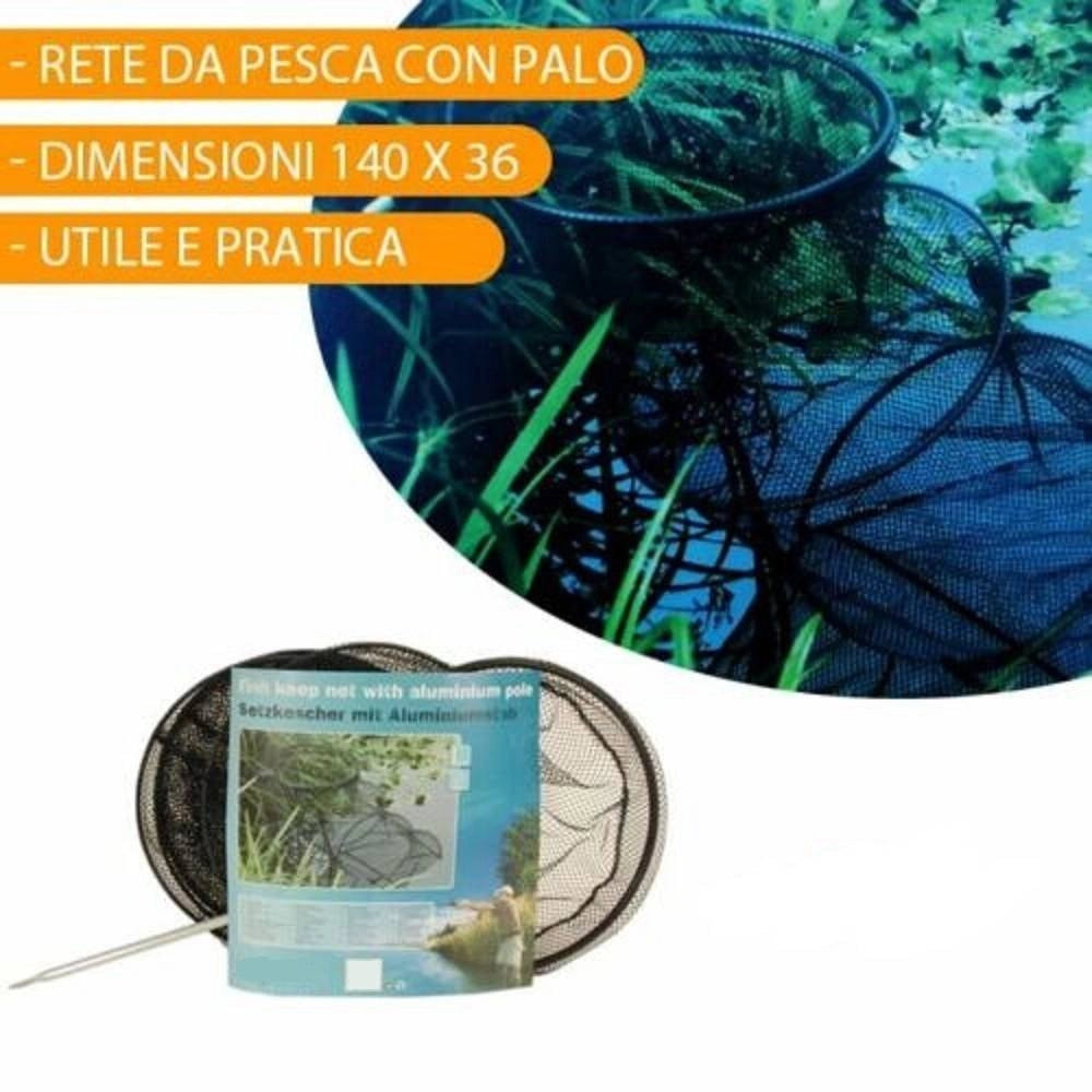 Trade Shop - Rete Da Pesca Con Palo Alluminio Pesci Gamberi 36x140 Cm Kit Mare Lago Fiume -