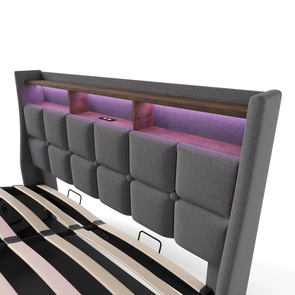 Letto matrimoniale contenitore 140×200 cm con LED; USB; testiera imbottita e materasso incluso; grigio