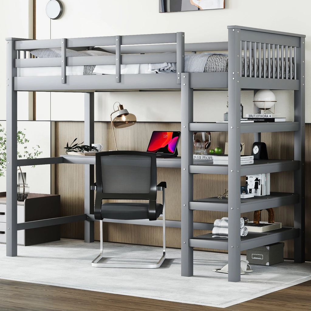LETTO A CASTELLO ALTO con scrivania e ripiani 90 x 200 cm pino e MDF grigio