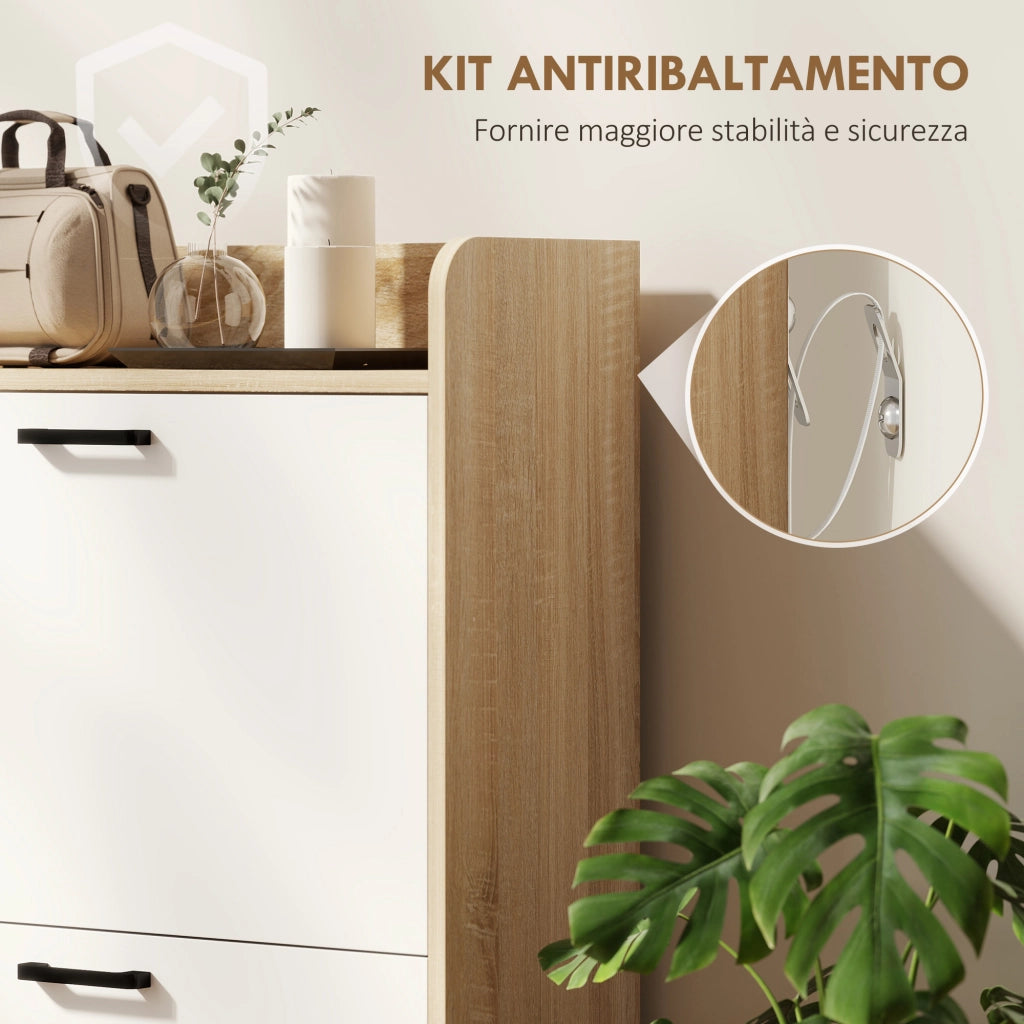 Scarpiera Slim 83x24x90,5 cm con 2 Cassetti Ribaltabili e 3 Vani Aperti Capacità 15 Scarpe Color Legno e Bianco