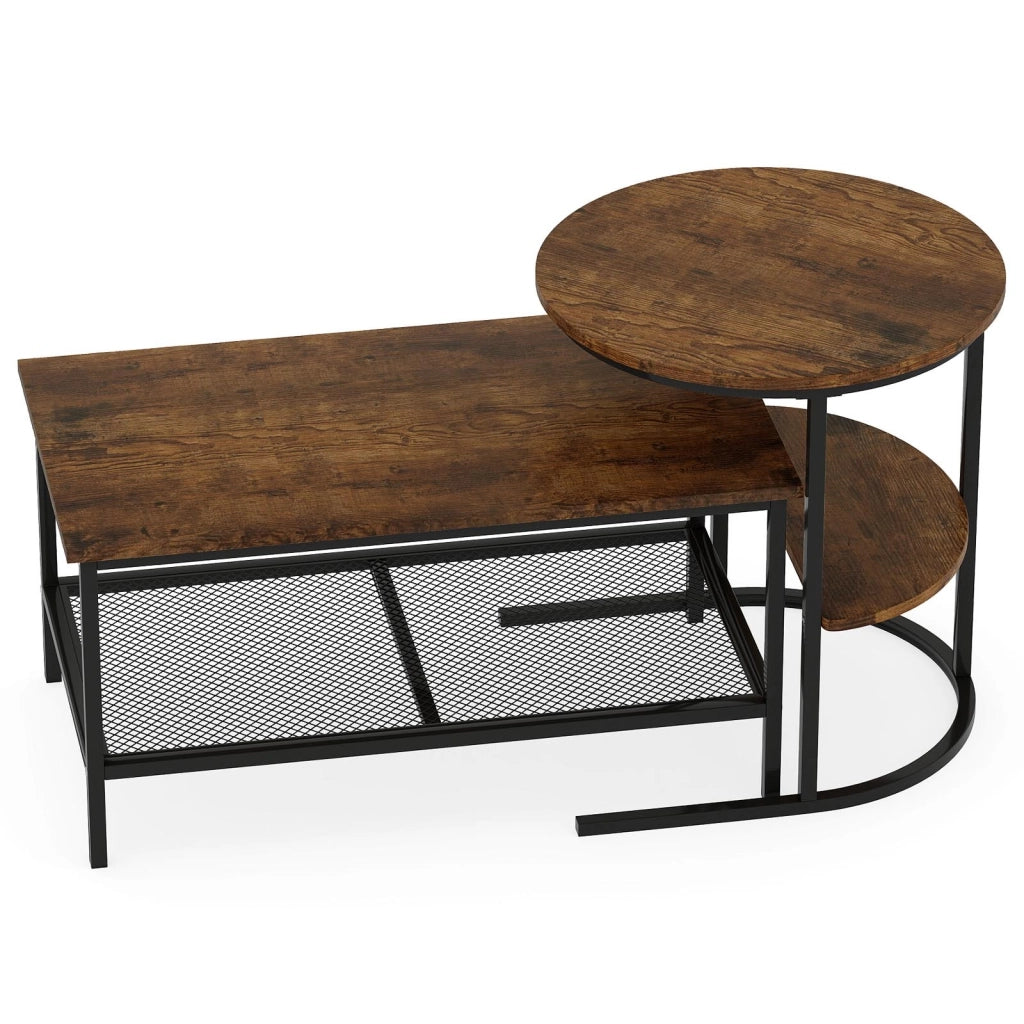 Set di tavolini da caff¨¨ componibili 2 in 1 con piano marmo sintetico e scaffale, Tavoli rotondo e rettangolare per soggiorno camera da letto Marrone