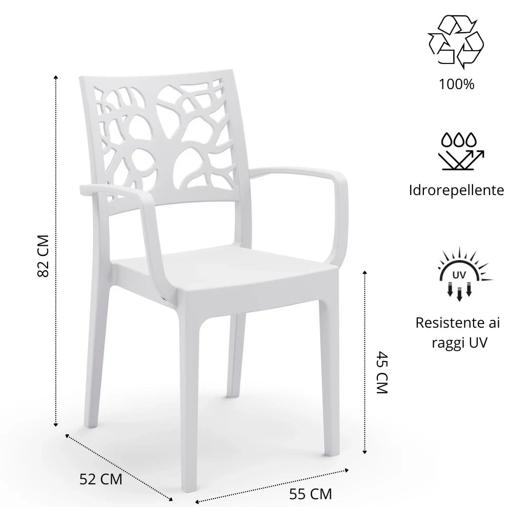 Set 4 sedie con braccioli in polipropilene TETI, impilabile, resistente ai raggi UV, design moderno, ideale per ambienti interni ed esterni, colore Bianco