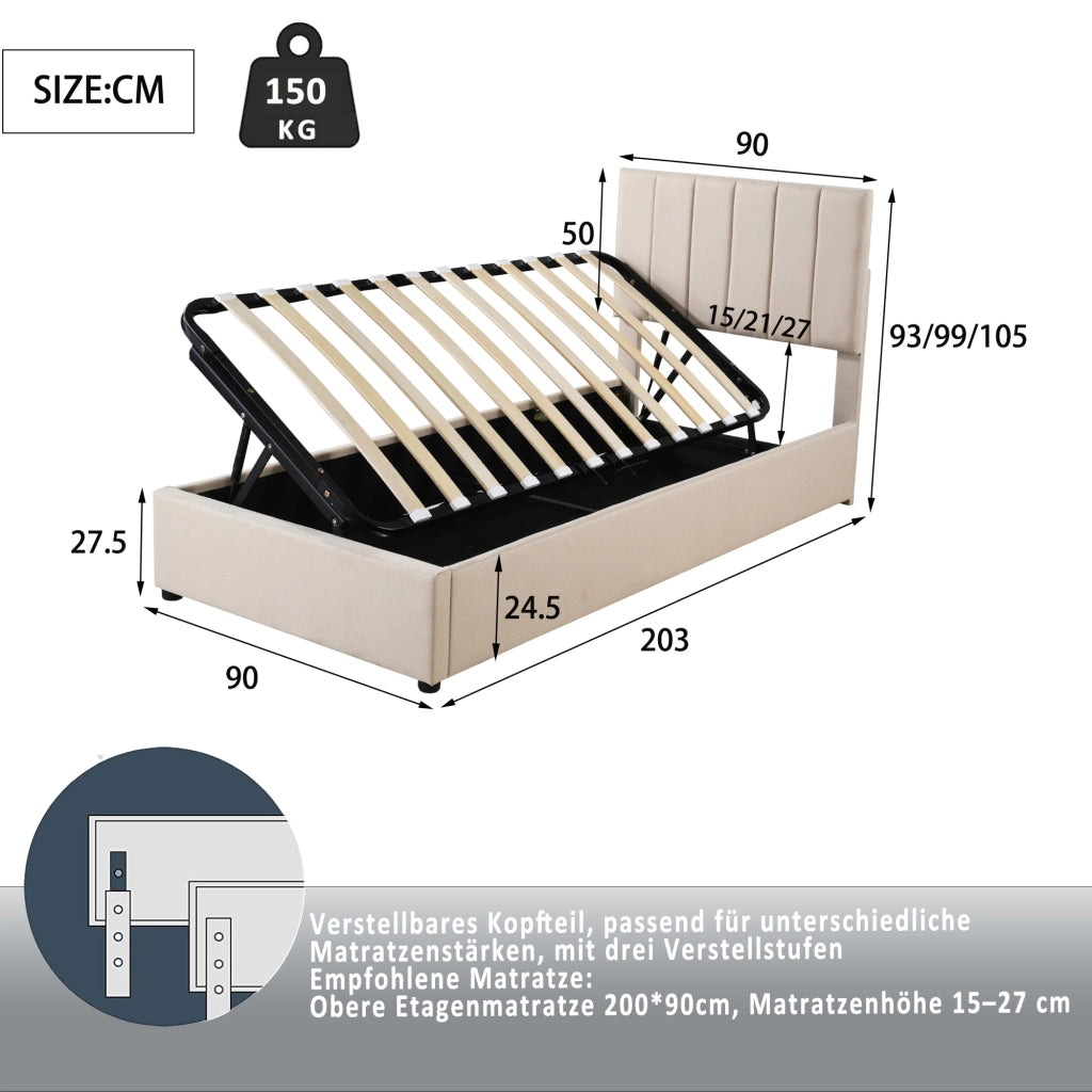 Letto Contenitore Imbottito Singolo ¨C MINIMAL ¨C 90x200, Tessuto Beige, Idraulico