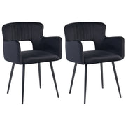 Set di 2 sedie da pranzo velluto nero braccioli schienale intagliato gambe in metallo moderna industriale