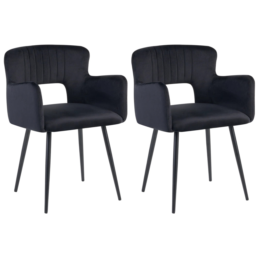 Set di 2 sedie da pranzo velluto nero braccioli schienale intagliato gambe in metallo moderna industriale