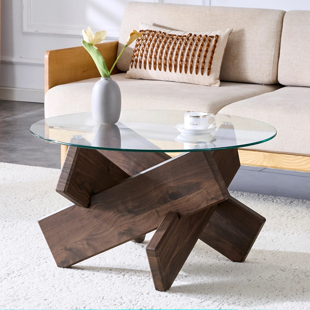 Tavolino da salotto rotondo con piano in vetro e base a croce in MDF, stile moderno per soggiorno, noce, Ø 79 cm