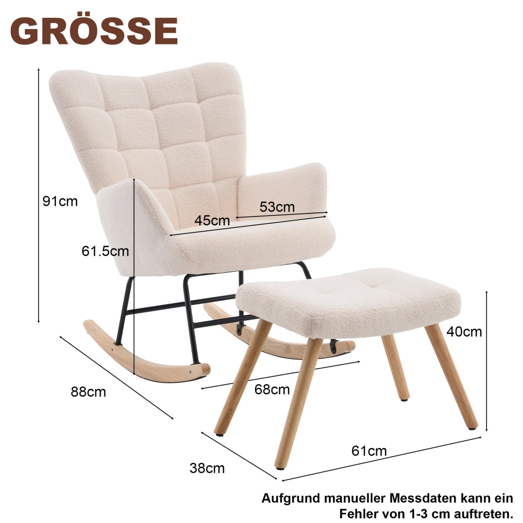 Poltrona a dondolo beige in lana di pecora 91x61x88 cm con poggiapiedi