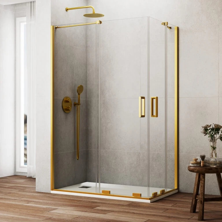 Box doccia angolare KENNA apertura al vertice 90x90 cm (85-90/85-90) oro spazzolato vetro trasparente