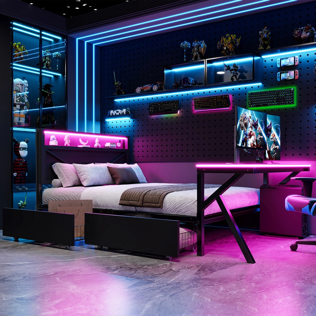 Letto Singolo 140x200 cm con LED; Scrivania e 2 Cassetti in Metallo e MDF - Nero