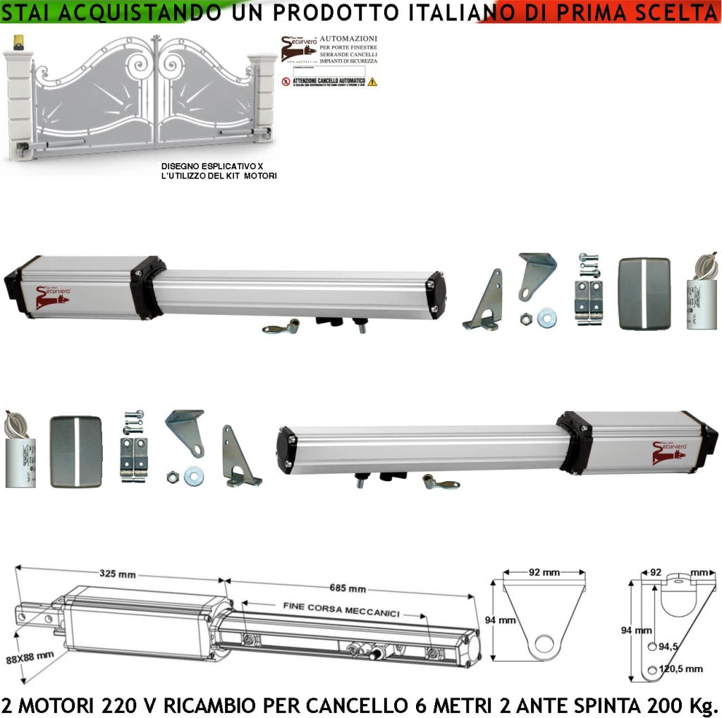 Pistoni Cancello Automatico 6 Metri 2 Ante 2 Motoriduttori di Ricambio 220 V Corsa 500 mm Spinta 2 Q.li 2 Condensatori 16 µF Kit Staffe Chiave Sblocco sul Carrello di Traino Compatibili a Qualsiasi Elettronica BTF Poteco Misure 910X88X88 mm