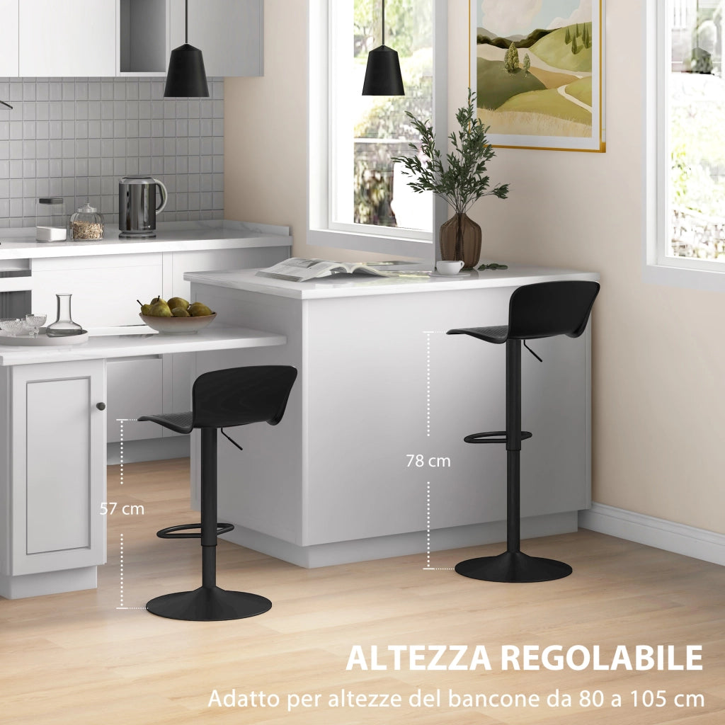 Set 2 Sgabelli da Bar con Schienale Girevoli e con Altezza Regolabile 76,5-97,5 cm in Polipropilene Nero