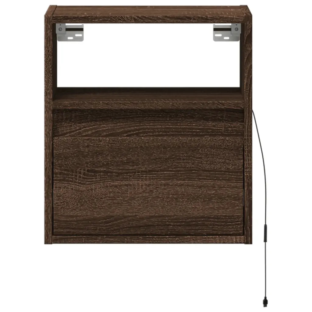 Set di 2 Comodini | Armadio da Notte | Mobiletto da notte a Parete con luci LED Rovere Marrone