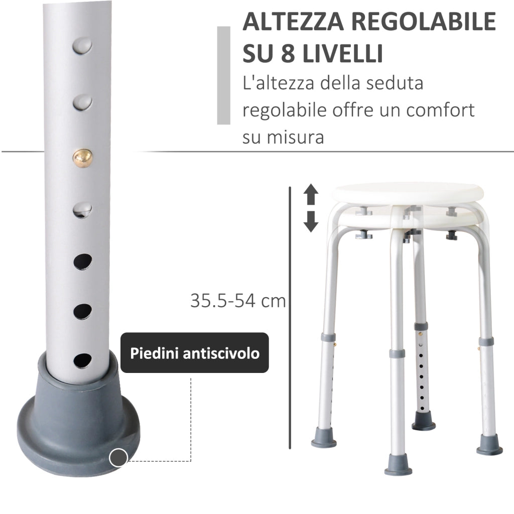 Sgabello da Doccia Girevole ¨C Xylo ¨C Alluminio Regolabile 8 Livelli Antiscivolo Bianco