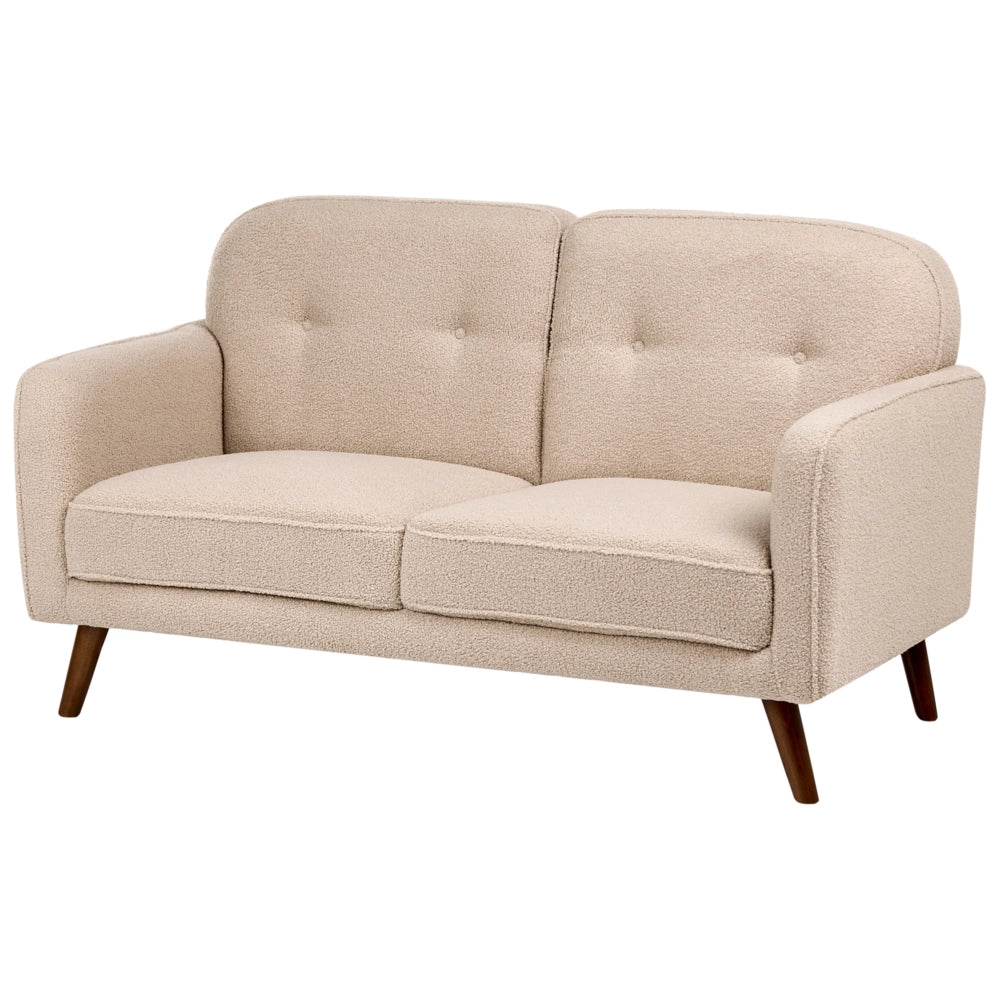 Set da Soggiorno Beige in Bouclé con Divano e Poltrone a 4 Posti con Trapuntatura a Bottoni Gambe in Legno di Rovere Divanetto