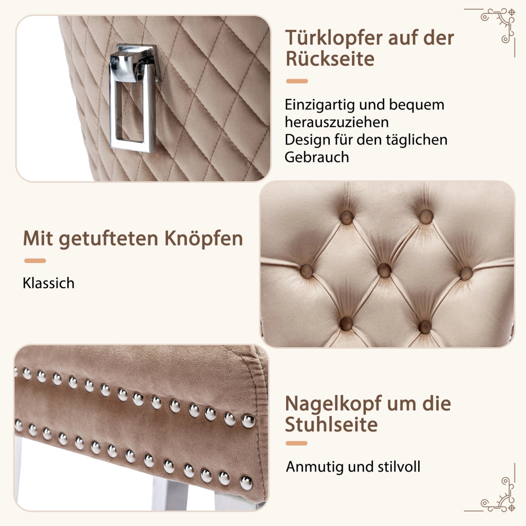 Sedia da pranzo in velluto con schienale decorativo, struttura in legno massello e gambe in metallo beige