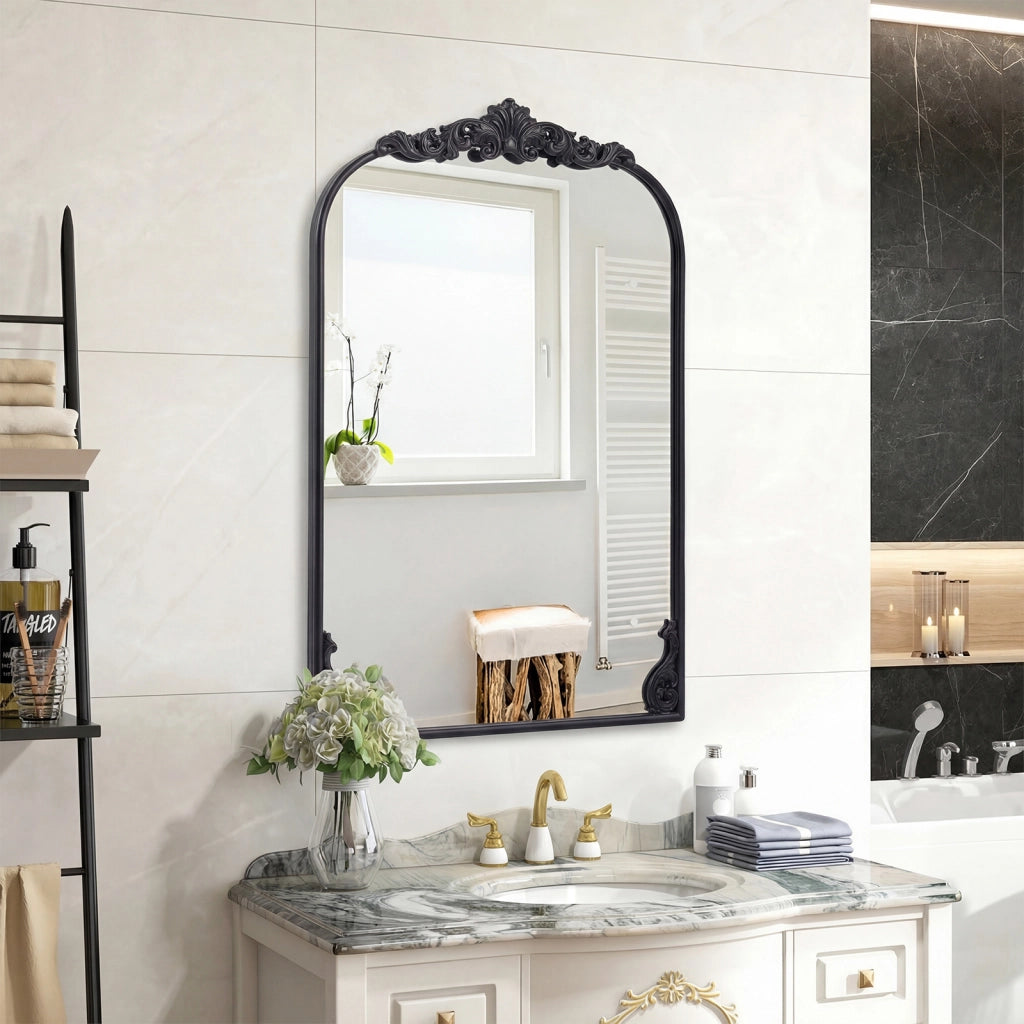 Specchio da parete ad arco barocco ornato con cornice in metallo, Specchio da parete 90 x 61 cm Nero